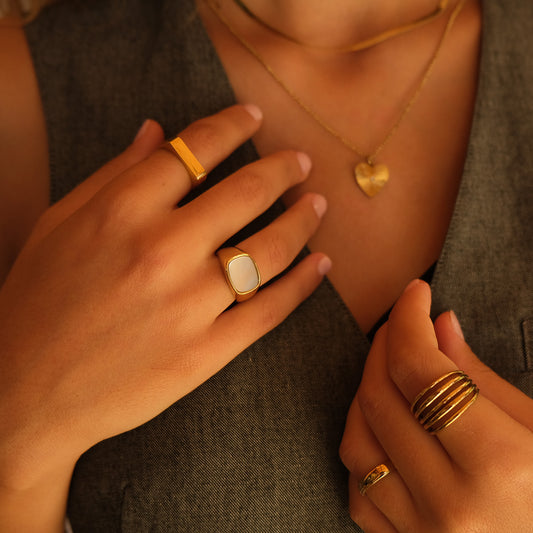 Ring, pure steel with gold 5 row