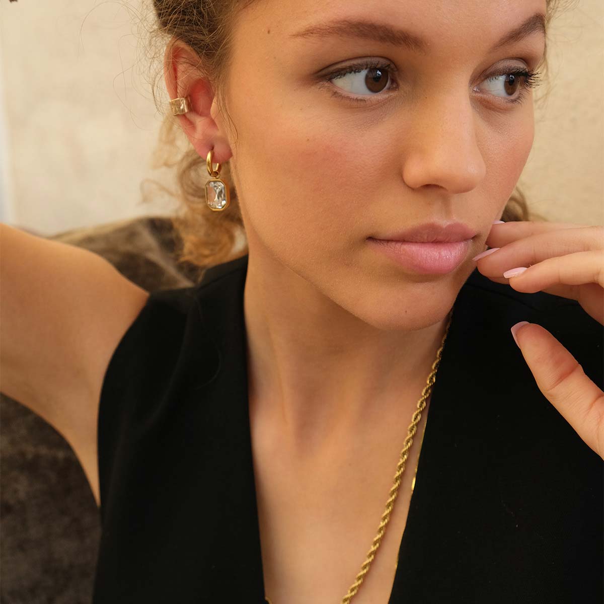 Earring, pure steel, statement crystal stone