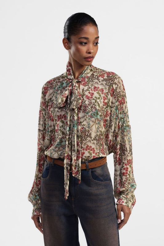 Tie neck blouse with lurex