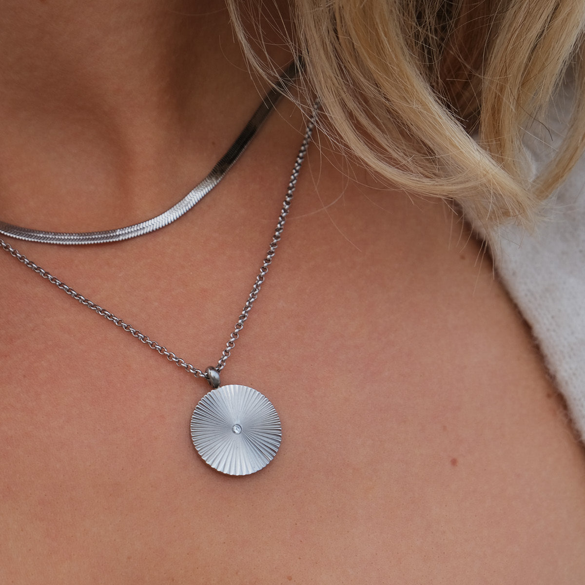 Necklace, pure steel, sun pendant